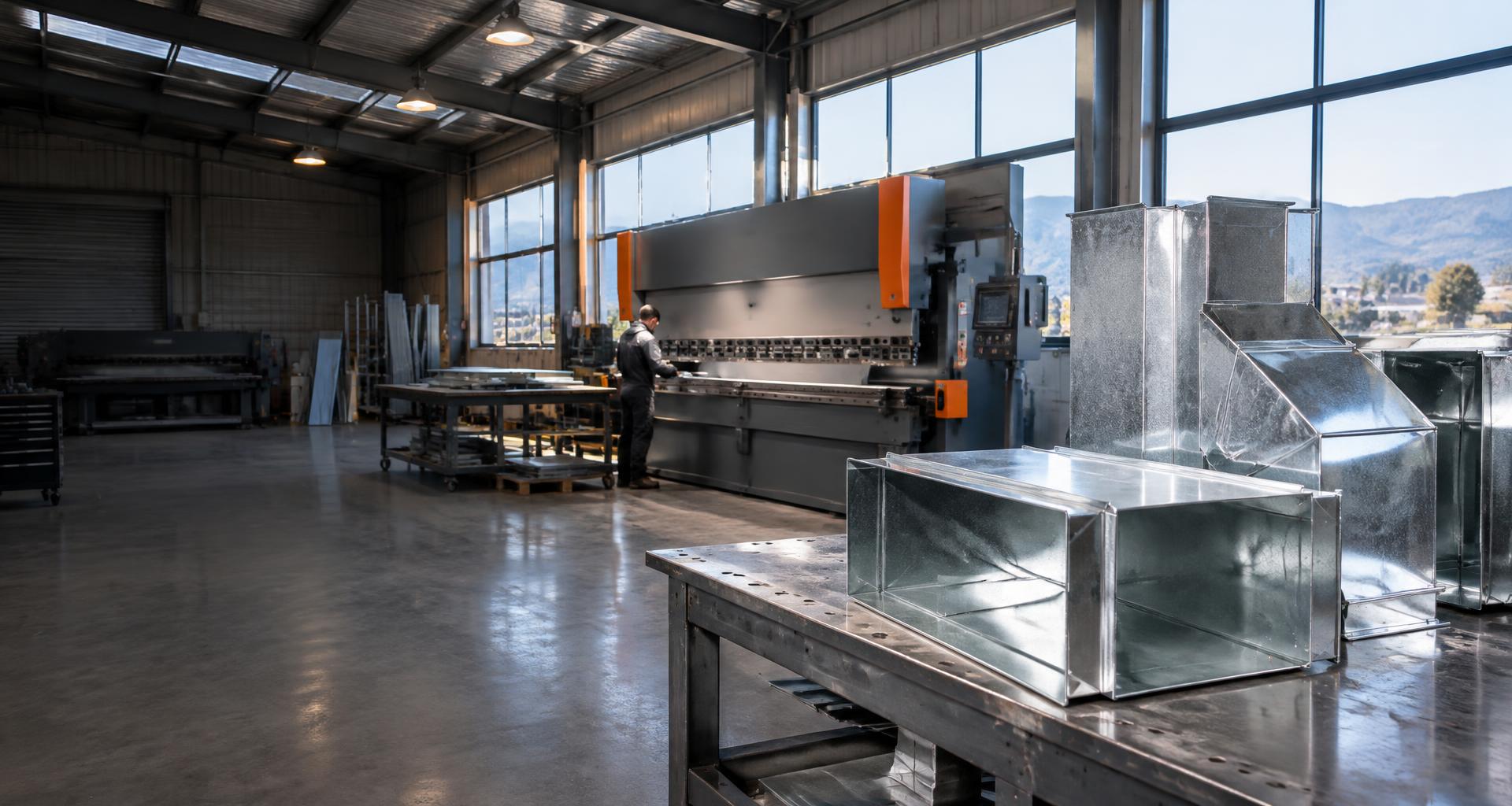 Illustrative workshop with folded ventilation ductwork and sheet metal machinery